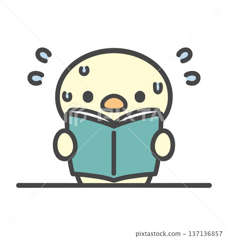 A hand-drawn illustration of a chick standing up from his seat to read aloud during class, sweating in frustration 137136857