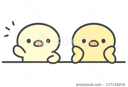 Hand-drawn illustrations of a chick raising its hand and a chick resting its chin on its hand - contrasting active and passive behavior during class or a meeting 137136859