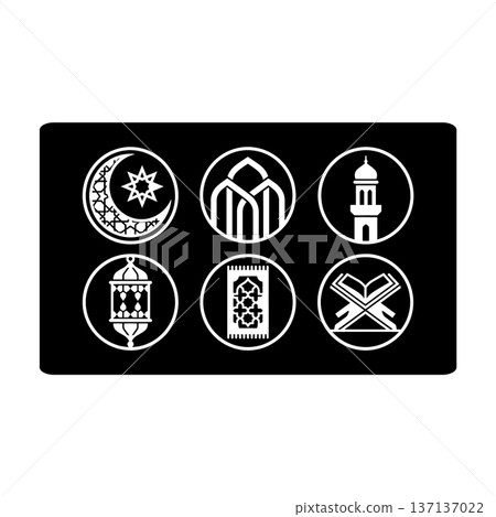 Islamic Symbol Icon Set White on Black Circular Frames Islamic Symbol Icon Set White on Black Circular Frames 137137022