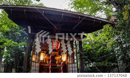 東京一座靜謐的稻荷神社,周圍綠樹環繞,飄揚著紅色的祈願旗。 東京一座靜謐的稻荷神社,周圍綠樹環繞,飄揚著紅色的祈願旗。 137137048
