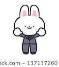 A rabbit in a suit raising both hands 137137260