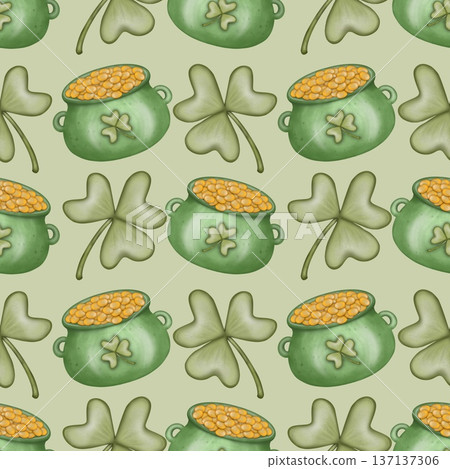 Seamless pattern Saint patrick's day elements cartoon. Hand drawn watercolor illustration. textiles and seasonal fabric.	 137137306