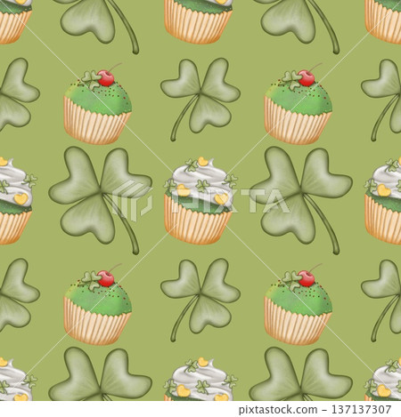 Seamless pattern Saint patrick's day elements cartoon. Hand drawn watercolor illustration. textiles and seasonal fabric.	 137137307