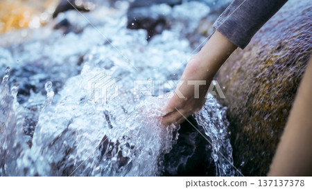 Close-up of a hand touching splashing clear river water Close-up of a hand touching splashing clear river water 137137378