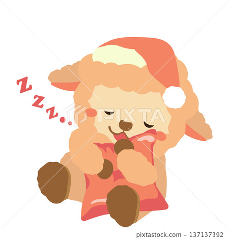 An illustration of a pink stuffed sheep sleeping on a cushion 137137392