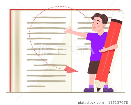 Cute Elementary Student Boy Holding Big Pencil and Pointing a Big Book for Education, Learning, Thinking Outside the Box and Back to School Concept Illustration Clip Art Cute Elementary Student Boy Holding Big Pencil and Pointing a Big Book for Education, Learning, Thinking Outside the Box and Back to School Concept Illustration Clip Art 137137678