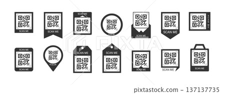 Scan me Frame. Mobile payment by phone camera Scan in Frame with barcode button and QR code. Shop identification icon for retail app and blank sticker template. Vector illustration Scan me Frame. Mobile payment by phone camera Scan in Frame with barcode button and QR code. Shop identification icon for retail app and blank sticker template. Vector illustration 137137735