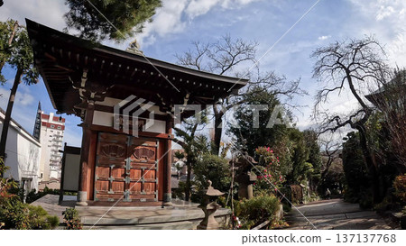Myoo-do Hall and garden bathed in sunlight at a historic temple in Tokyo Myoo-do Hall and garden bathed in sunlight at a historic temple in Tokyo 137137768