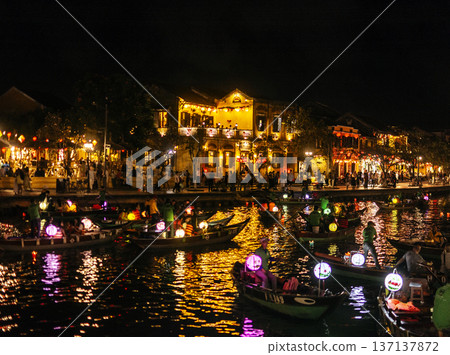 hoi an old town riverside view with lantern river boats in vietnam at night hoi an old town riverside view with lantern river boats in vietnam at night 137137872