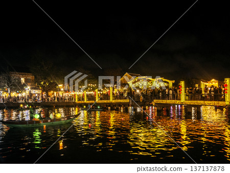 hoi an old town riverside view with lantern river boats in vietnam at night 137137878