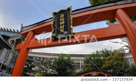 White Snake Benzaiten and bright red torii gate at Hebi-kubo Shrine in Tokyo 137137934