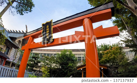 White Snake Benzaiten and bright red torii gate at Hebi-kubo Shrine in Tokyo 137137937