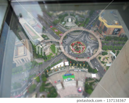 View from the transparent observation deck of the Oriental Pearl Tower in Shanghai, China, diorama style View from the transparent observation deck of the Oriental Pearl Tower in Shanghai, China, diorama style 137138367