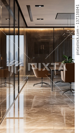 Interior shows a modern conference room with chairs, table, and reflective floor 137138841