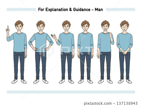 Men's set of guidance and explanation poses (pointing, introduction, fist pump, thinking expression) full-body illustration Men's set of guidance and explanation poses (pointing, introduction, fist pump, thinking expression) full-body illustration 137138943