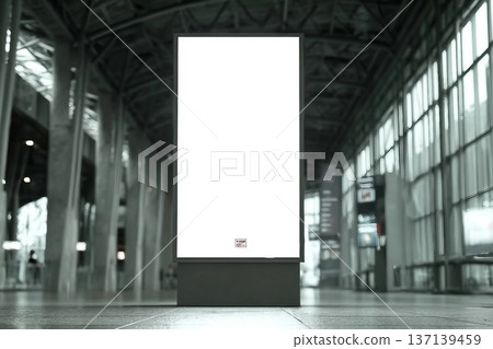 Blank screen advertise mockup in the airport terminal. Display for billboard ad in the building. Poster media template. 137139459