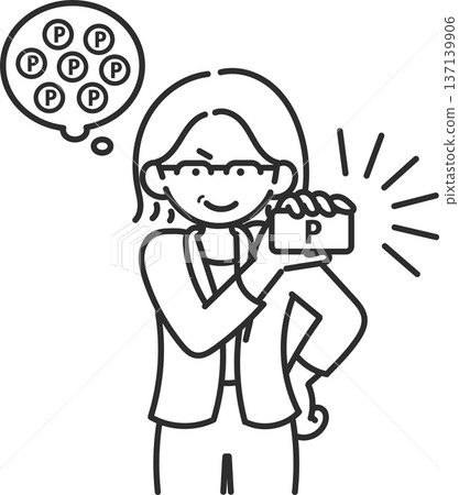 Illustration of a woman in her 40s posing with a point card (line drawing only) Illustration of a woman in her 40s posing with a point card (line drawing only) 137139906