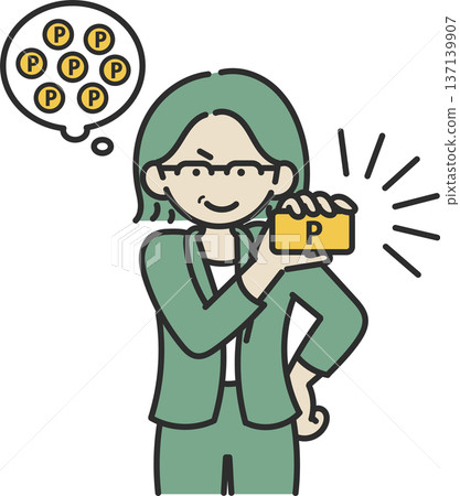 插圖描繪了一位四十多歲的女性手持積分卡擺姿勢。 137139907