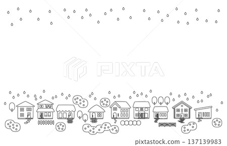 雨季的雨水和城鎮景觀中的繡球花，構成了一幅線條畫的背景素材。 137139983