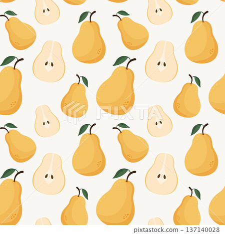 Seamless yellow pear pattern with green leaves. 137140028
