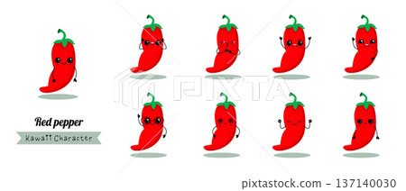 Set of Red Spicy Chilli Pepper Characters with Different Emotions. 137140030