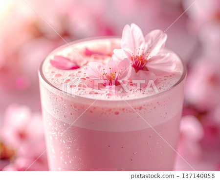 A pleasant strawberry latte with fluffy foam and cherry blossoms floating in it 137140058