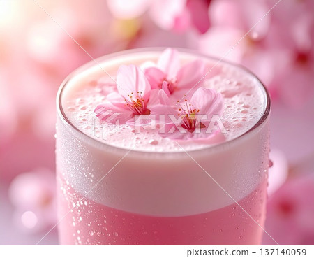 A pleasant strawberry latte with fluffy foam and cherry blossoms floating in it 137140059