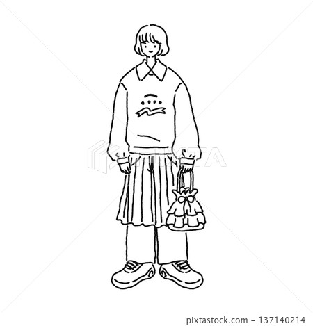A woman in a unique casual outfit - line drawing 137140214