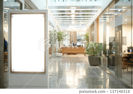 Billboard mockup a white sign on a pedestrian walkway inside an office building with a clipping path on screen. - Can be used to display products or to promote sales. 137140318