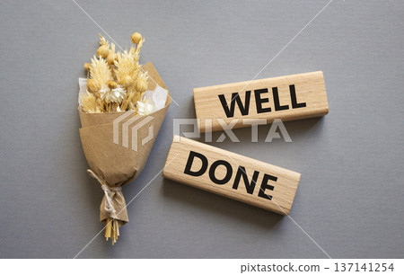 Well done symbol. Wooden blocks with words Well done. Beautiful grey background. Business and Well done concept. Copy space. 137141254