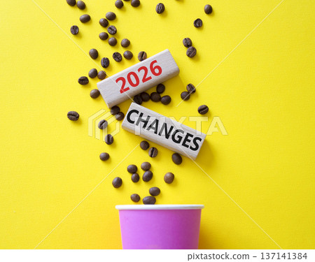 2026 Changes symbol. Concept words 2026 Changes on beautiful wooden picture frame. Beautiful yellow background with coffee cup and coffee beans. Business and 2026 Changes concept. Copy space. 137141384