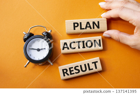 Plan Action Result symbol. Concept words Plan Action Result on wooden blocks. Businessman hand. Beautiful orange background with alarm clock. Business concept and Plan Action Result. Copy space. Plan Action Result symbol. Concept words Plan Action Result on wooden blocks. Businessman hand. Beautiful orange background with alarm clock. Business concept and Plan Action Result. Copy space. 137141395