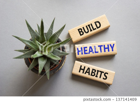 Healthy habits symbol. Concept word Build Healthy habits on wooden blocks with succulent. Beautiful grey background. Healthy lifestyle and Healthy habits concept. Copy space Healthy habits symbol. Concept word Build Healthy habits on wooden blocks with succulent. Beautiful grey background. Healthy lifestyle and Healthy habits concept. Copy space 137141409