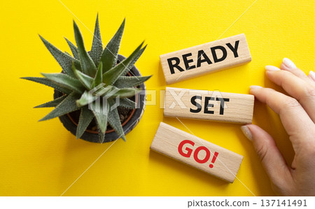Ready Set Go symbol. Concept words Ready Set Go on wooden blocks. Beautiful yellow background with succulent plant. Businessman hand. Business and Ready Set Go concept. Copy space. Ready Set Go symbol. Concept words Ready Set Go on wooden blocks. Beautiful yellow background with succulent plant. Businessman hand. Business and Ready Set Go concept. Copy space. 137141491