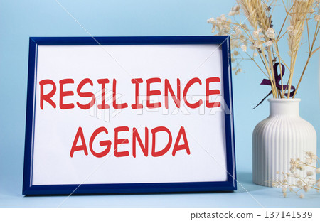 Resilience agenda symbol. Concept words Resilience agenda on beautiful wooden picture frame. Beautiful light blue background with flower vase. Business and Resilience agenda concept. Copy space. Resilience agenda symbol. Concept words Resilience agenda on beautiful wooden picture frame. Beautiful light blue background with flower vase. Business and Resilience agenda concept. Copy space. 137141539
