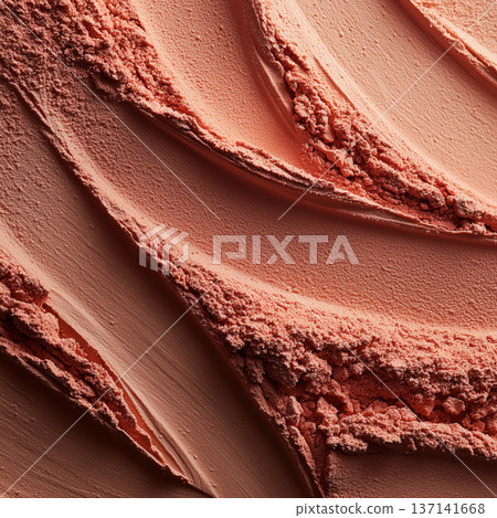 Close-up of blush terracotta powder texture, arranged in sweeping curved strokes, luxury skincare and makeup aesthetic 137141668