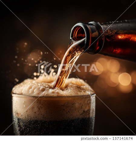 Fizzy dark stout beer being poured into chilled glass on warm brown background, concept of refreshment and taste 137141674