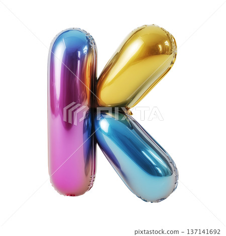 Multicolor metallic inflated balloon letter K shown in glossy style isolated on white background, celebration and festive concept Multicolor metallic inflated balloon letter K shown in glossy style isolated on white background, celebration and festive concept 137141692
