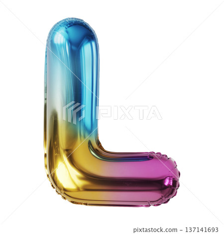 Multicolor metallic inflated balloon letter L shown in glossy style isolated on white background, celebration and festive concept Multicolor metallic inflated balloon letter L shown in glossy style isolated on white background, celebration and festive concept 137141693