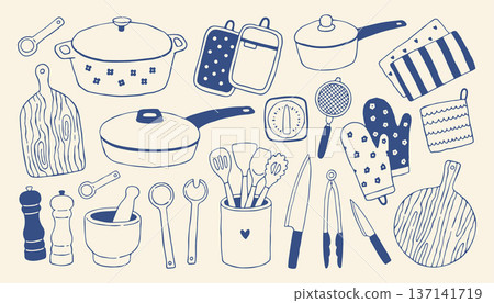 Hand drawn cooking utensils and kitchen tools in minimalist blue outline style. Home cooking vector set with pots, pans, knives and accessories for recipe design and culinary branding Hand drawn cooking utensils and kitchen tools in minimalist blue outline style. Home cooking vector set with pots, pans, knives and accessories for recipe design and culinary branding 137141719