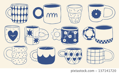 Hand drawn ceramic mug collection in blue line style. Cute mediterranean patterned cups set for cafe branding, kitchen decor, menu design, packaging and cozy lifestyle graphics Hand drawn ceramic mug collection in blue line style. Cute mediterranean patterned cups set for cafe branding, kitchen decor, menu design, packaging and cozy lifestyle graphics 137141720