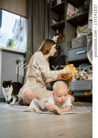Mother organizes baby's toys while cat observes in a living room during the afternoon 137141837