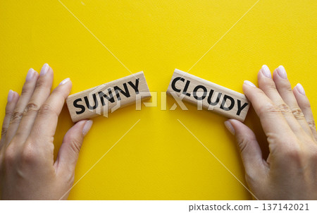 Sunny or Cloudy symbol. Concept word Sunny or Cloudy on wooden blocks. Businessman hand. Beautiful yellow background. Business and Sunny or Cloudy concept. Copy space 137142021