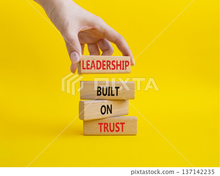 LEADERSHIP symbol. Wooden blocks with words LEADERSHIP BUILT ON TRUST. Businessman hand. Beautiful yellow background. Business and LEADERSHIP concept. Copy space 137142235