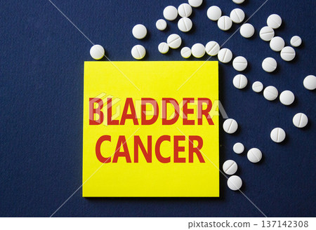 Bladder Cancer symbol. Concept word Bladder Cancer on yellow note. Beautiful deep blue background with pills. Medicine and Bladder Cancer concept. Copy space Bladder Cancer symbol. Concept word Bladder Cancer on yellow note. Beautiful deep blue background with pills. Medicine and Bladder Cancer concept. Copy space 137142308