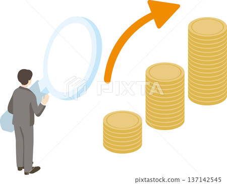 Businessman analyzing investment and asset management. Isometric illustration of piled coins and a large magnifying glass Businessman analyzing investment and asset management. Isometric illustration of piled coins and a large magnifying glass 137142545