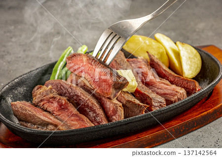 Domestic beef steak served on a hot plate 137142564