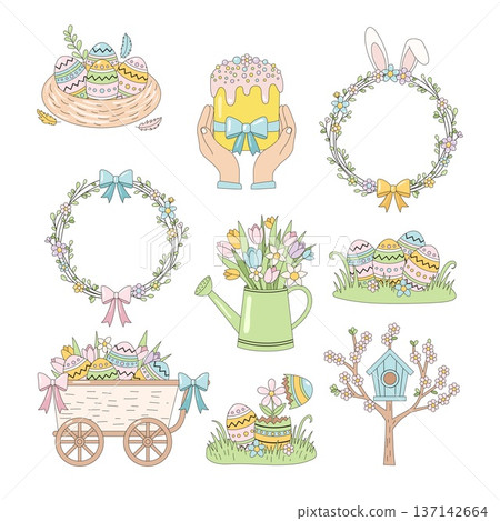Hand drawn pastel Easter vector set with eggs bunny wreath and spring flowers Hand drawn pastel Easter vector set with eggs bunny wreath and spring flowers 137142664