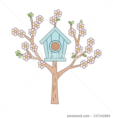 Blossoming spring tree with a cute blue wooden birdhouse Blossoming spring tree with a cute blue wooden birdhouse 137142665