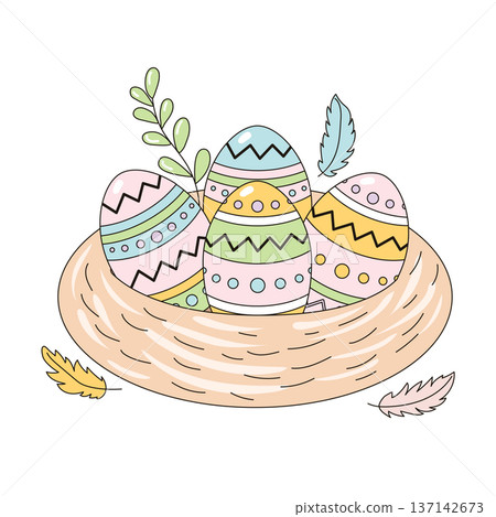 Decorated pastel Easter eggs in a cozy nest with feathers 137142673